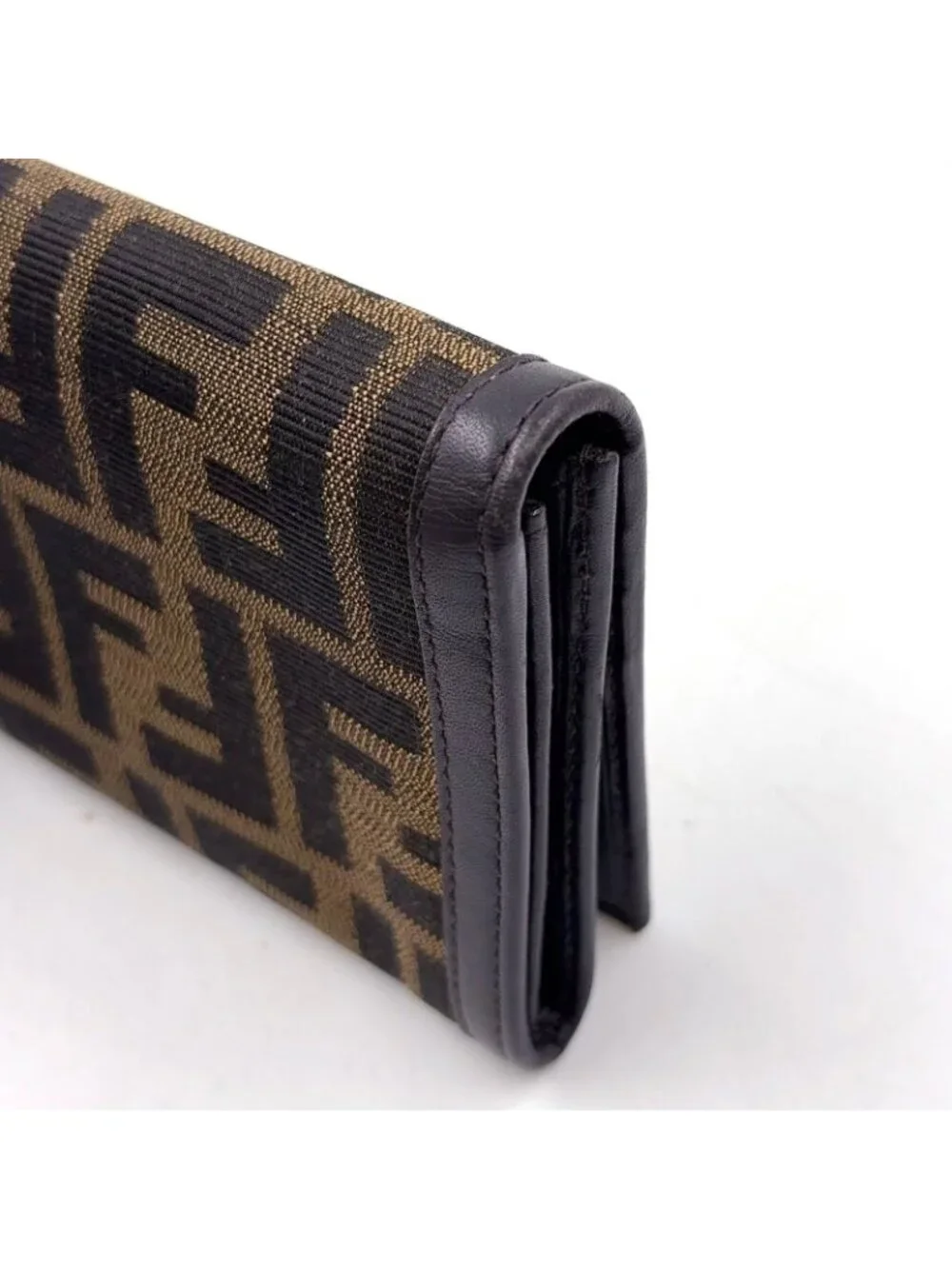 Fendi Zucca Pattern Leather Canvas Brown Black Bifold Wallet Gold